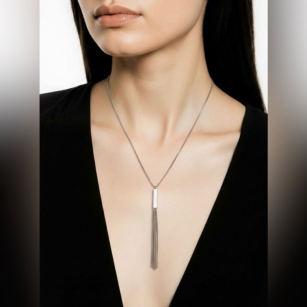 Silver Tone Bar Tassel Necklace Long Chain Statement 18.5"
